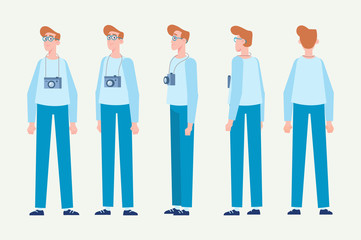Young man for animation. Front, side, back, 3/4 view character. Separate parts of body. Cartoon style, flat vector illustration.