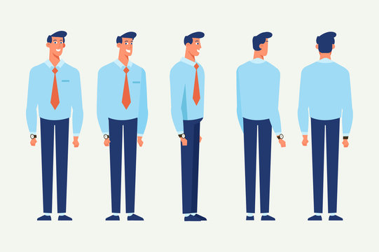 Business man for animation. Front, side, back, 3/4 view character. Separate parts of body. Cartoon style, flat vector illustration.