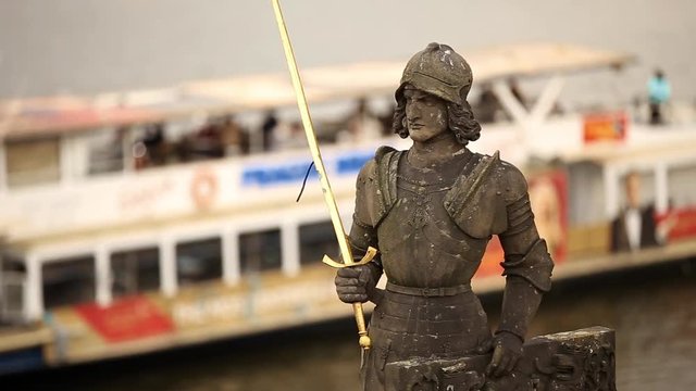 Prague, Czech Republic. Statue Of The Knight Bruncvik On Charles Bridge. Famous Landmark