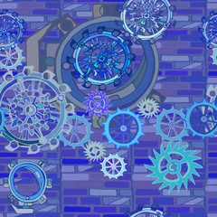 Vector seamless pattern. Abstract industrial background with fictional gearwheels and details of machines illustrating retro technology or steampunk concept. Hand drawn.