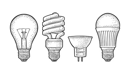 Evolution type electric lamp. Incandescent bulb, halogen, cfl and led.