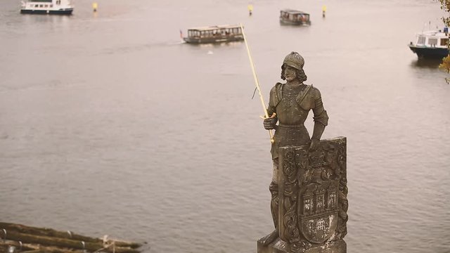 Prague, Czech Republic. Statue Of The Knight Bruncvik On Charles Bridge. Famous Landmark