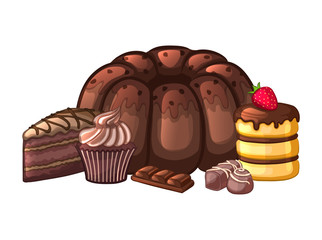 Chocolate pastries. Cake, cupcake, candy, chocolate bar. Vector illustration.