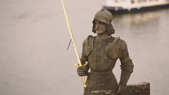 Prague, Czech Republic. Statue Of The Knight Bruncvik On Charles Bridge. Famous Landmark