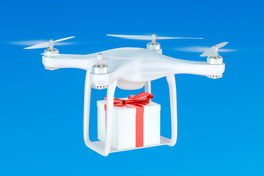 Delivery drone with a gift box in the blue sky, 3D rendering