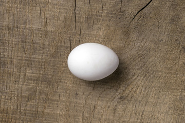 A single white egg sits on a butcher block counter with area suitable for text
