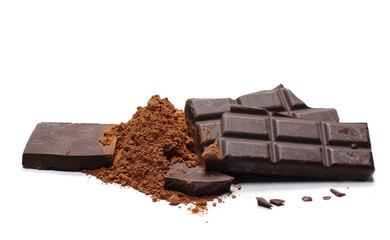 chocolate bars with cocoa powder isolated on white background