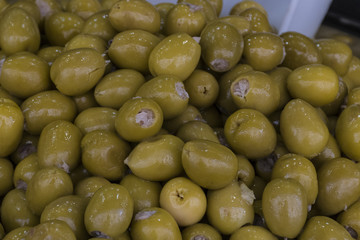 Sale in the market of boneless olives stuffed with bacalado