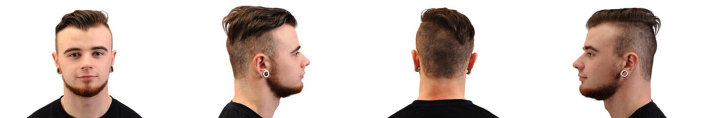 Fototapeta premium Panorama of the face of a young man. On white isolated background.