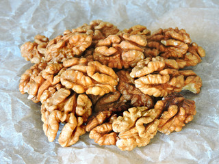 Peeled halves of walnuts.