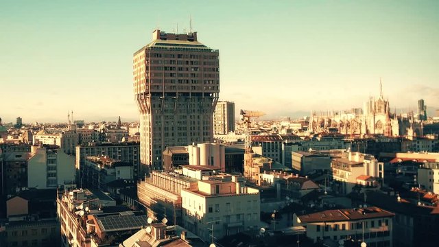 Milan (Italy), 4K footage of panoramic skyline with alps on background