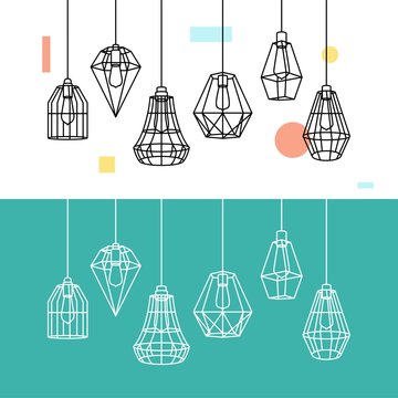 Industrial Metal Cage Pendant Light Hanging Lamp Edison Bulb Lighting Vector Icon Illustration Outline Line