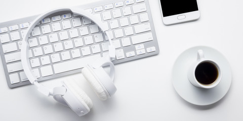 Office desk table with supplies. Flat lay Business workplace and objects. Top view. Copy space for text