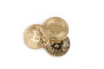crypto currency, golden bitcoin isolated on white background.