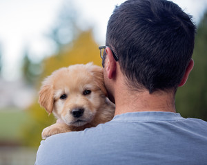 Puppy looks over man's shoulder