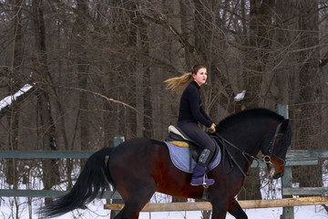 A girl on a horse  jumps  gallops. A girl trains riding a horse in a small paddock. A cloudy winter...