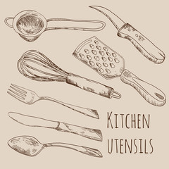 Kitchen utensils set in vintage style, vector EPS8