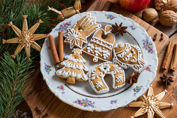 Christmas gingerbread cookies on a wooden table