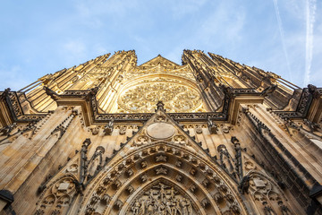 Front view of the main entrance to the St. Vitus cathedral in Prague Castle in Prague, Czech Republic.