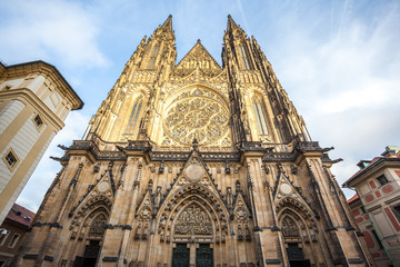 Fototapeta na wymiar Front view of the main entrance to the St. Vitus cathedral in Prague Castle in Prague, Czech Republic.