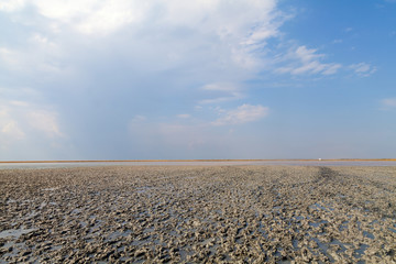 Fototapeta premium Clay in flat plain, steppe, salt, salt lake, heat and sky