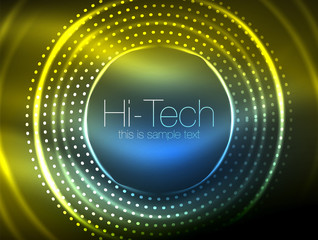 Magic neon circle shape abstract background, shiny light effect template for web banner, business or technology presentation background or elements, vector illustration