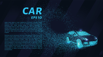 Car from the particles. The car consists of dots and circles. Blue car on dark background.