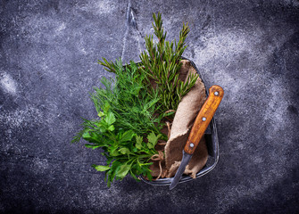 Mix of herbs. Rosemary, dill and parsley