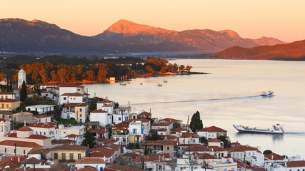 Fototapeta na wymiar View of Poros island and mountains of Peloponnese peninsula in Greece. 