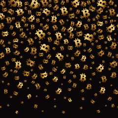Falling bitcoins, seamless black background. Vector illustration with a clipping mask.