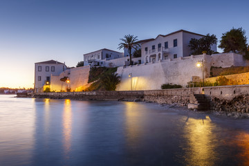 Morning view of Spetses seafront from the beach, Greece. 
