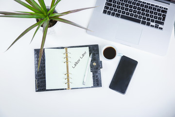 Open diary with pen alongside a potted plant, cup of coffee, open laptop and mobile phone on a white office desk viewed from overhead