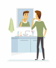 Young man brushing his teeth - cartoon people character isolated illustration
