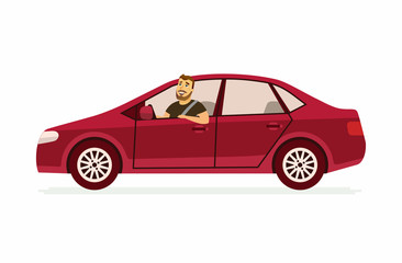 Young man in a car - cartoon people character isolated illustration