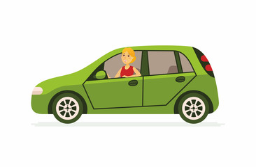 Young woman in a car - cartoon people character isolated illustration