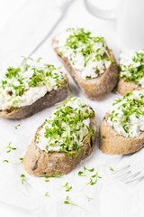 Healthy breakfast sandwiches white cream cheese croissants milk