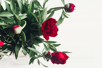 beautiful red peonies blooming bouquet on white wooden rustic background, flat lay. greeting card with space for text. hello spring. happy womens day. blooming flowers top view