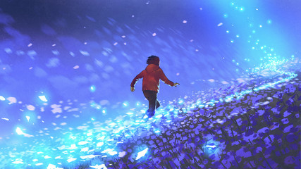 night scenery of the boy running on blue meadow with glowing petal of flowers, digital art style, illustration painting