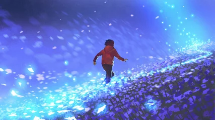 Tuinposter night scenery of the boy running on blue meadow with glowing petal of flowers, digital art style, illustration painting © grandfailure
