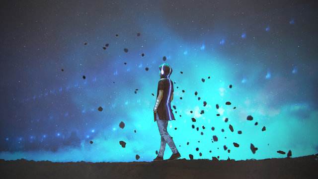 young man in futuristic clothing listening music and walking on blue background, digital art style, illustration painting