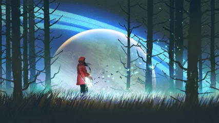 Tuinposter nachtlandschap van jonge vrouw die een magische gitaar speelt in het bos tegen gloeiende planeet op de achtergrond, digitale kunststijl, illustratie, schilderkunst © grandfailure