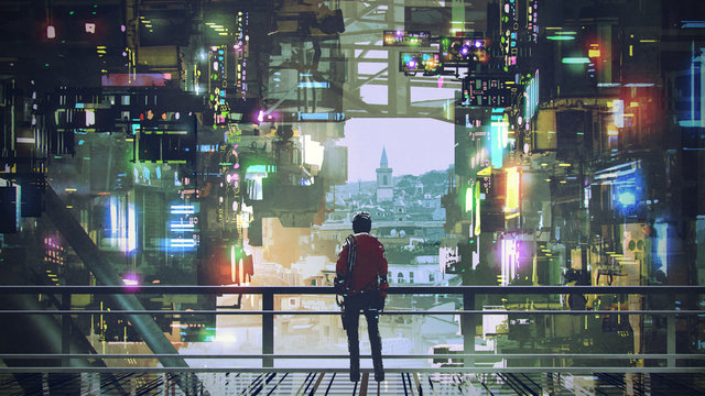 Fototapeta man standing on balcony looking at futuristic city with colorful light, digital art style, illustration painting
