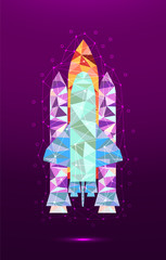 Low poly shuttle consisting of points, lines, and shapes in the form of planets, stars and the universe. Cosmos concept.Poligon icon