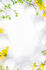 Spring Easter background with white eggs forsythia flowers