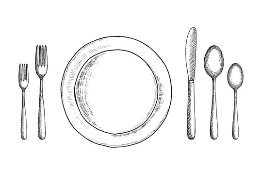 cutlery vector sketch set. spoon fork and knife near the plate. table setting