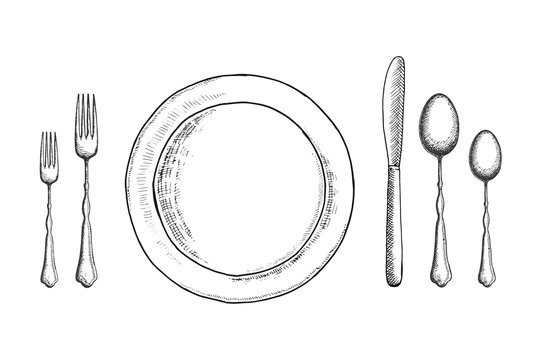 vintage cutlery vector sketch. table setting set