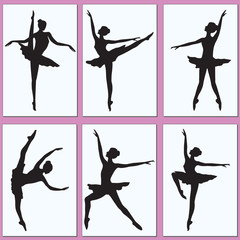 Set - Ballerinas - six silhouettes on isolated white backgrounds - vector art illustration.