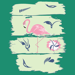 Pink flamingo and exotic leaves - abstract background - brush stroke in grunge style - on green background - illustration Vector