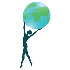 Woman holding a globe over his head - isolated on white background - vector illustration