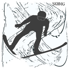 Skier - abstract ski trail in grunge style - isolated on white background - vector illustration